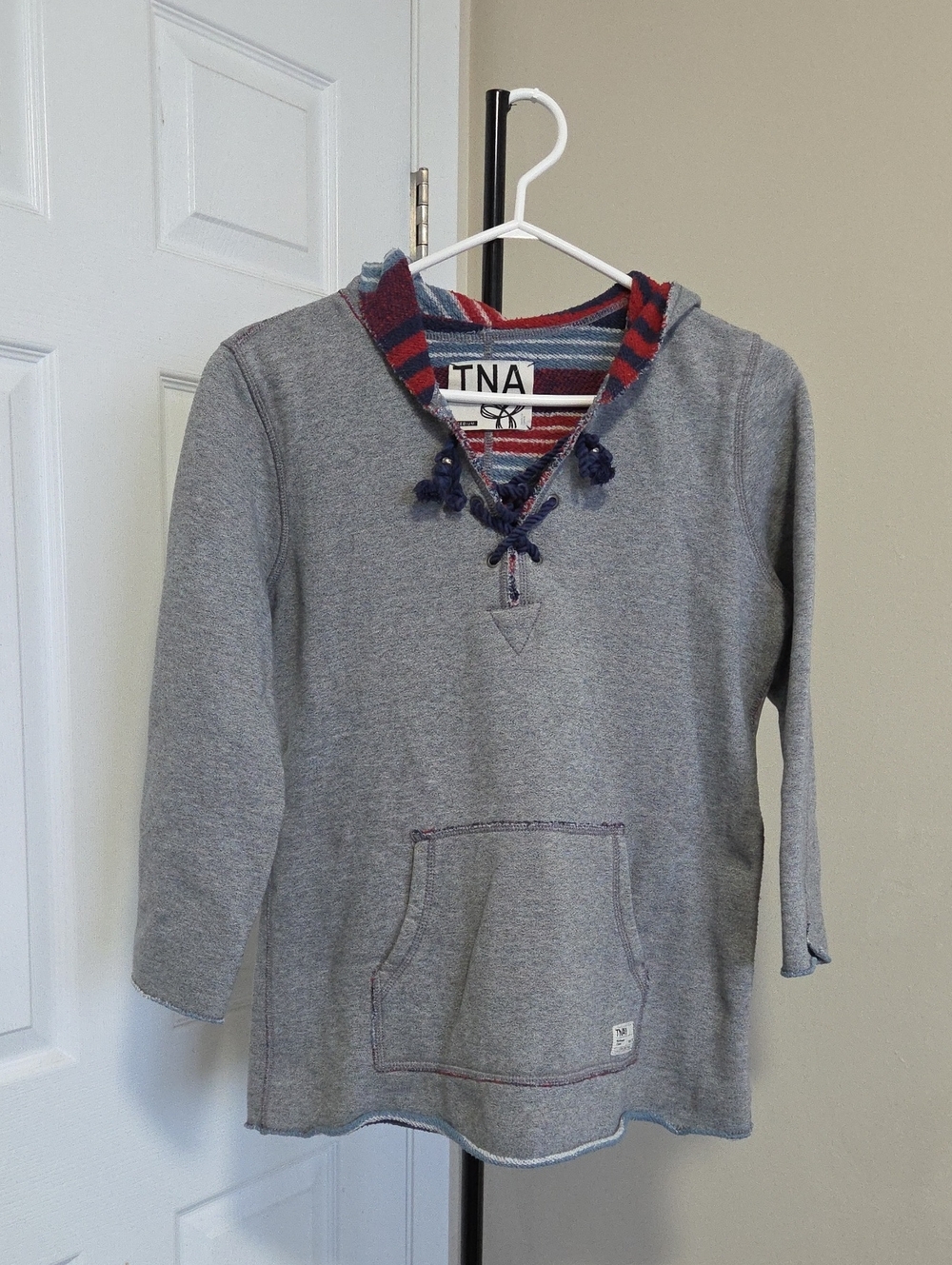 TNA Gray Hooded Pullover Sweater with Striped Trim